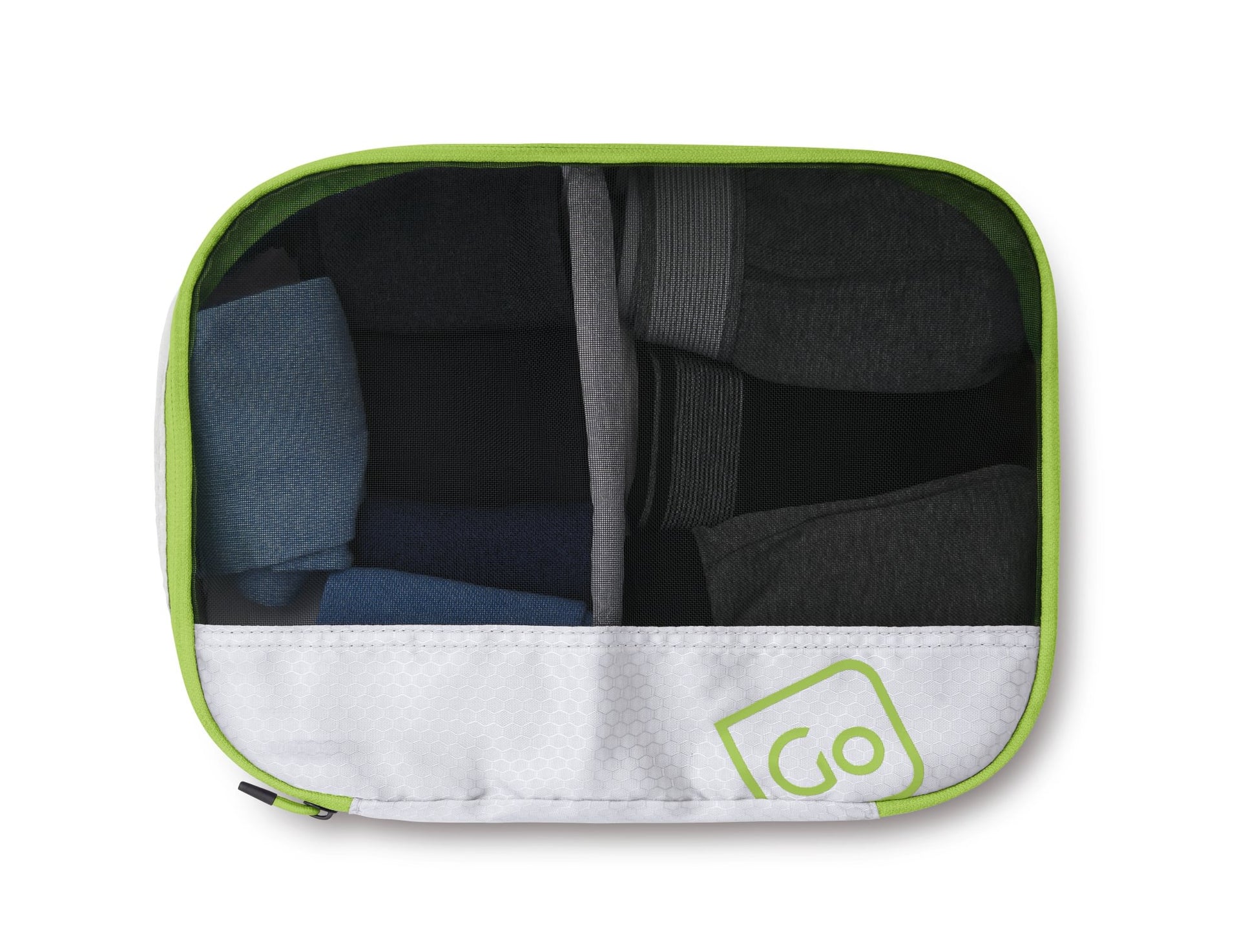 Go Travel Deeper Packing Cubes by Go Travel organize clothes into four sections with green trim.