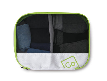 Go Travel Deeper Packing Cubes by Go Travel organize clothes into four sections with green trim.