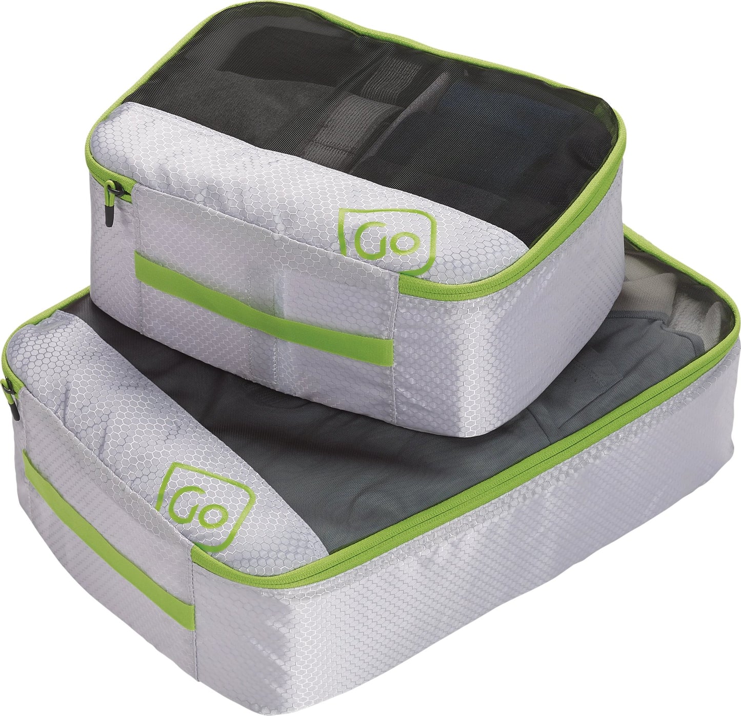 Go Travel Deeper Packing Cubes by Go Travel are ideal gray garment organizers with green zippers for travel.