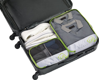 Open suitcase with neatly packed clothes and Go Travel Deeper Packing Cubes by Go Travel for garment protection.