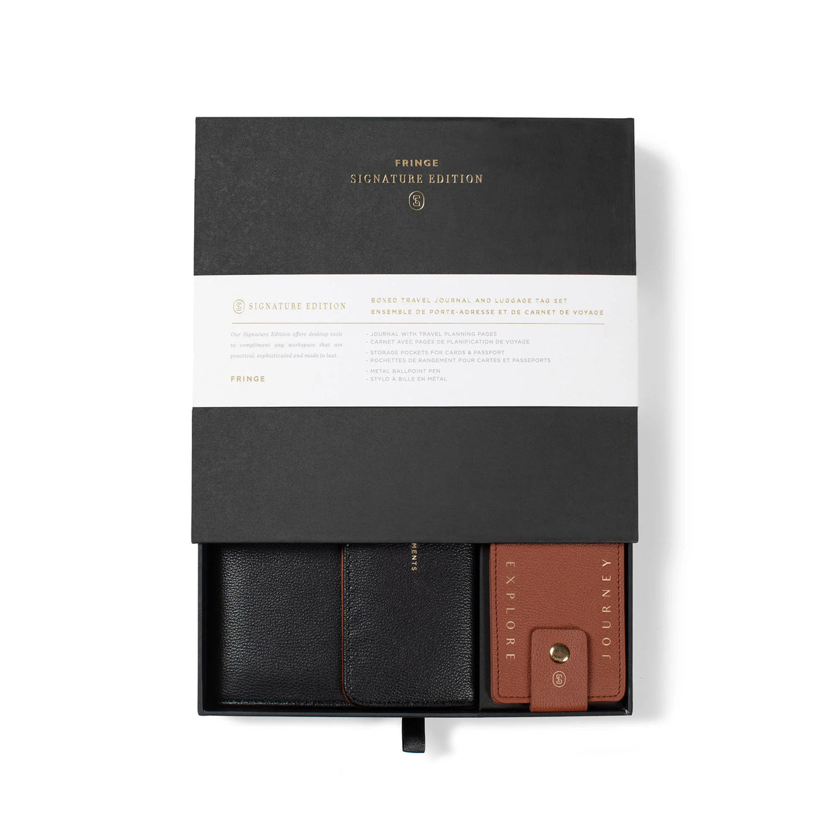Fringe Jet Setter Travel Folio Set includes a faux leather journal, luggage tag, pen, and storage pockets in a gift box.