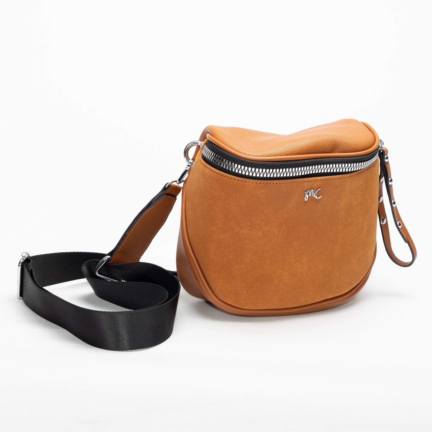 Miss Caprice Clara Crossbody in brown faux suede with zip pockets and black strap, shown on white background.