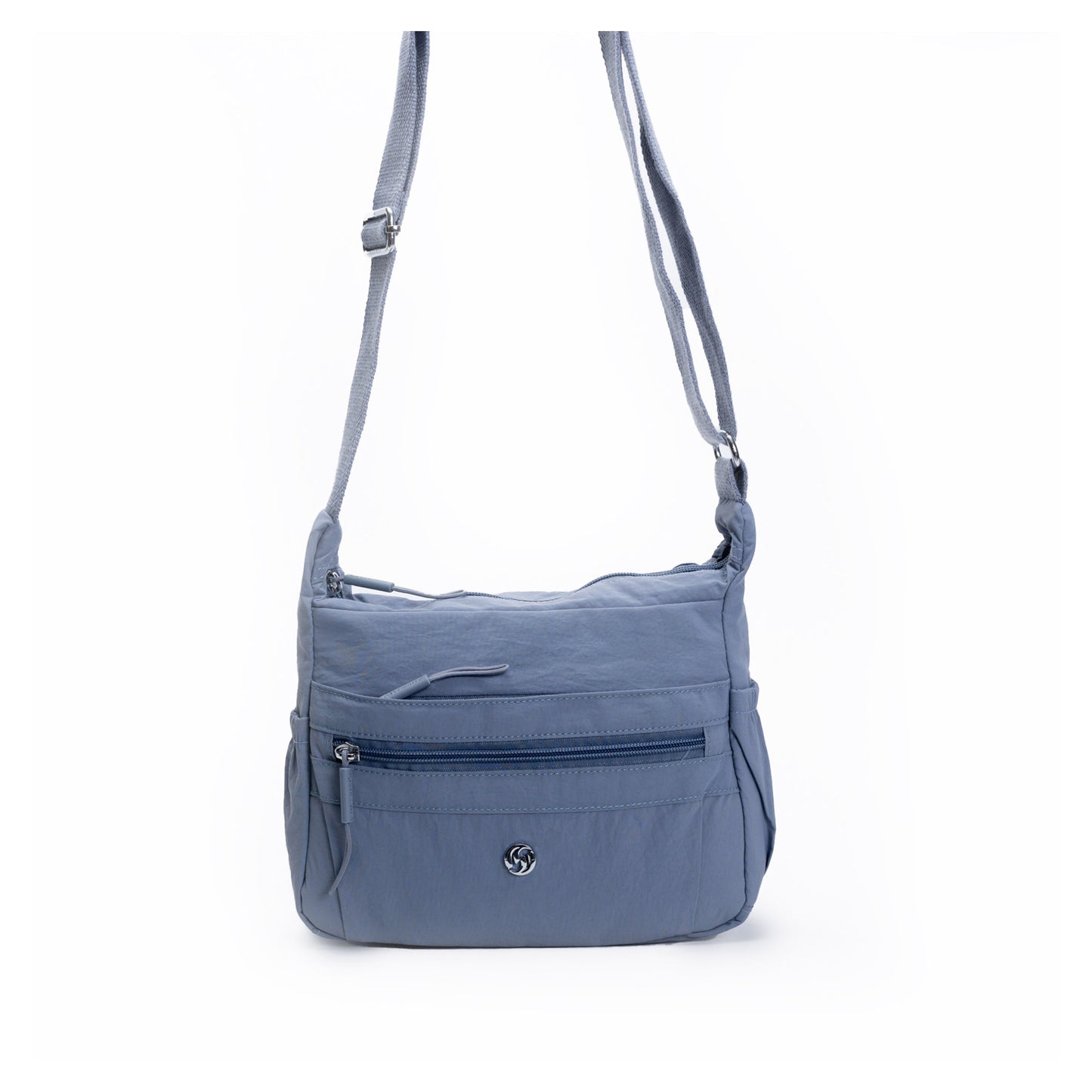 Miss Caprice Multi-zip Small Hobo Crossbody in light blue, multi-pocket, adjustable strap—ideal for travel.
