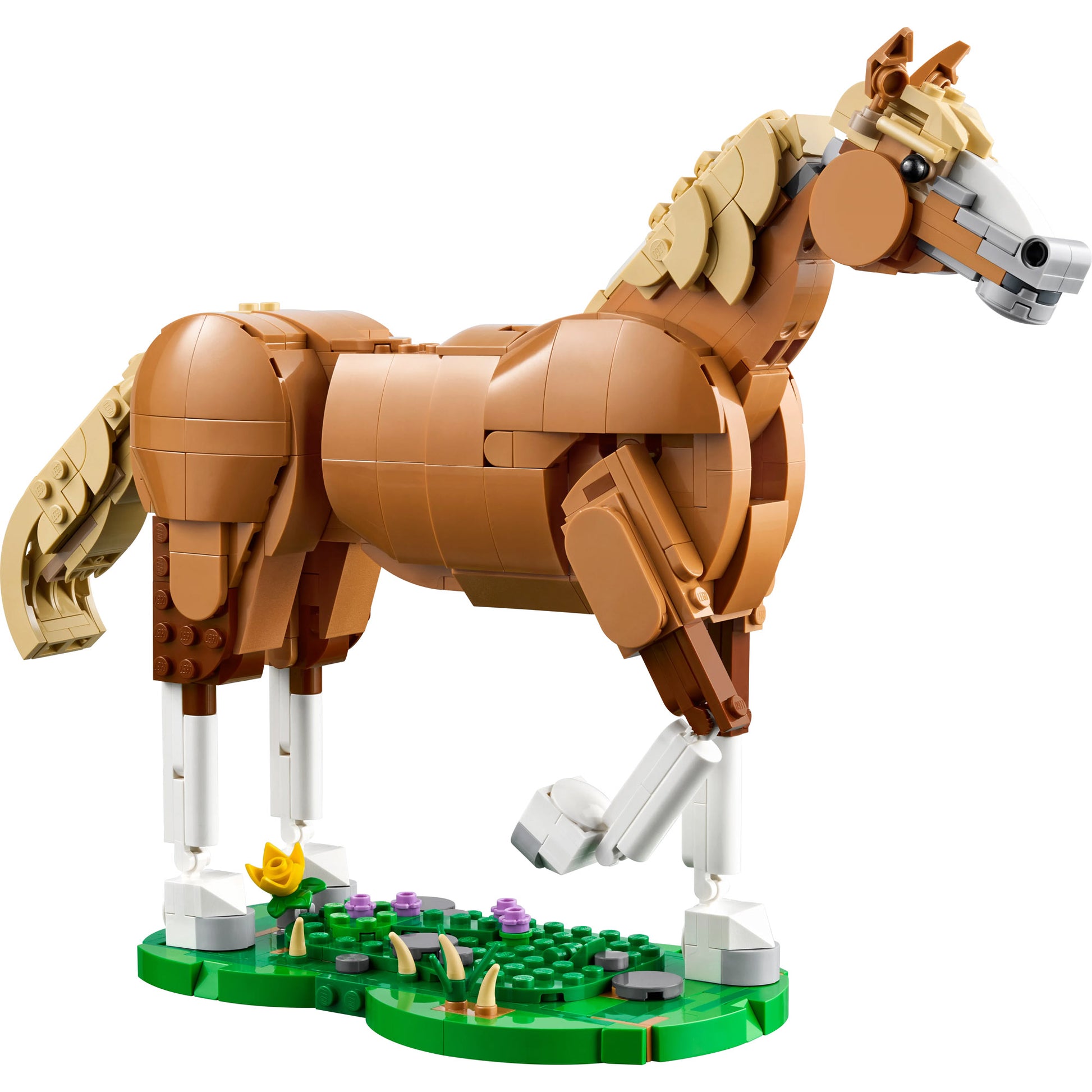 The LEGO® Beautiful Horse stands on a green base with flowers and grass in this exclusive animal building set.