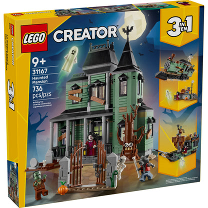 LEGO® Haunted Mansion building set for ages 9+, 736 pieces, 3 build options, model 31167.
