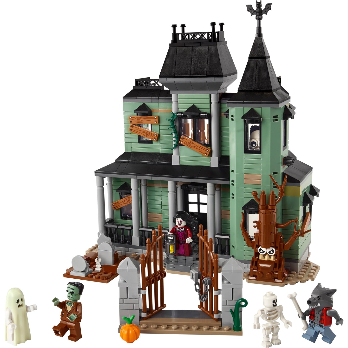 The LEGO® Haunted Mansion set features spooky figures like ghosts and vampires with boarded windows.
