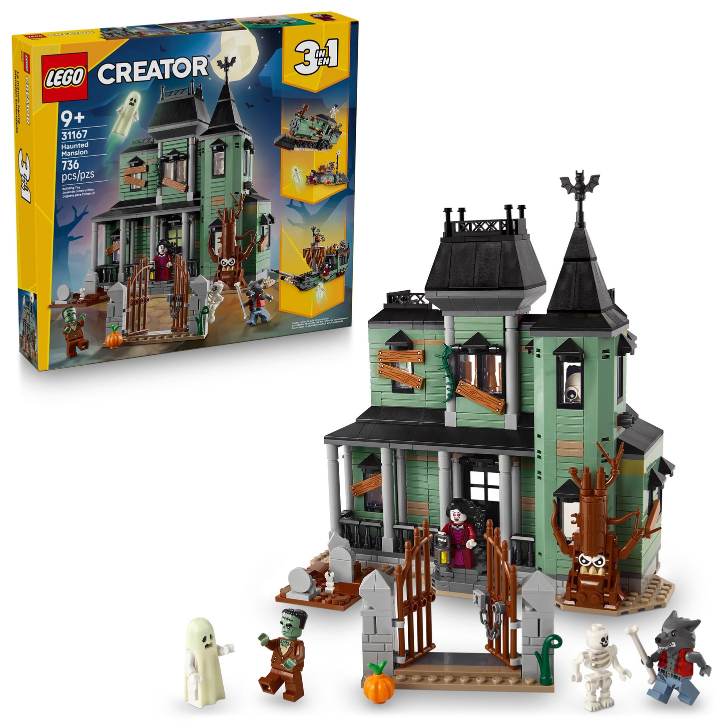 LEGO® Haunted Mansion set with minifigures and spooky Halloween-themed building details.