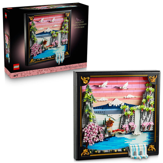 Product Image – LEGO® Japanese Cherry Blossom Landscape: stunning online-only decor featuring mountains, water, and pink sky.