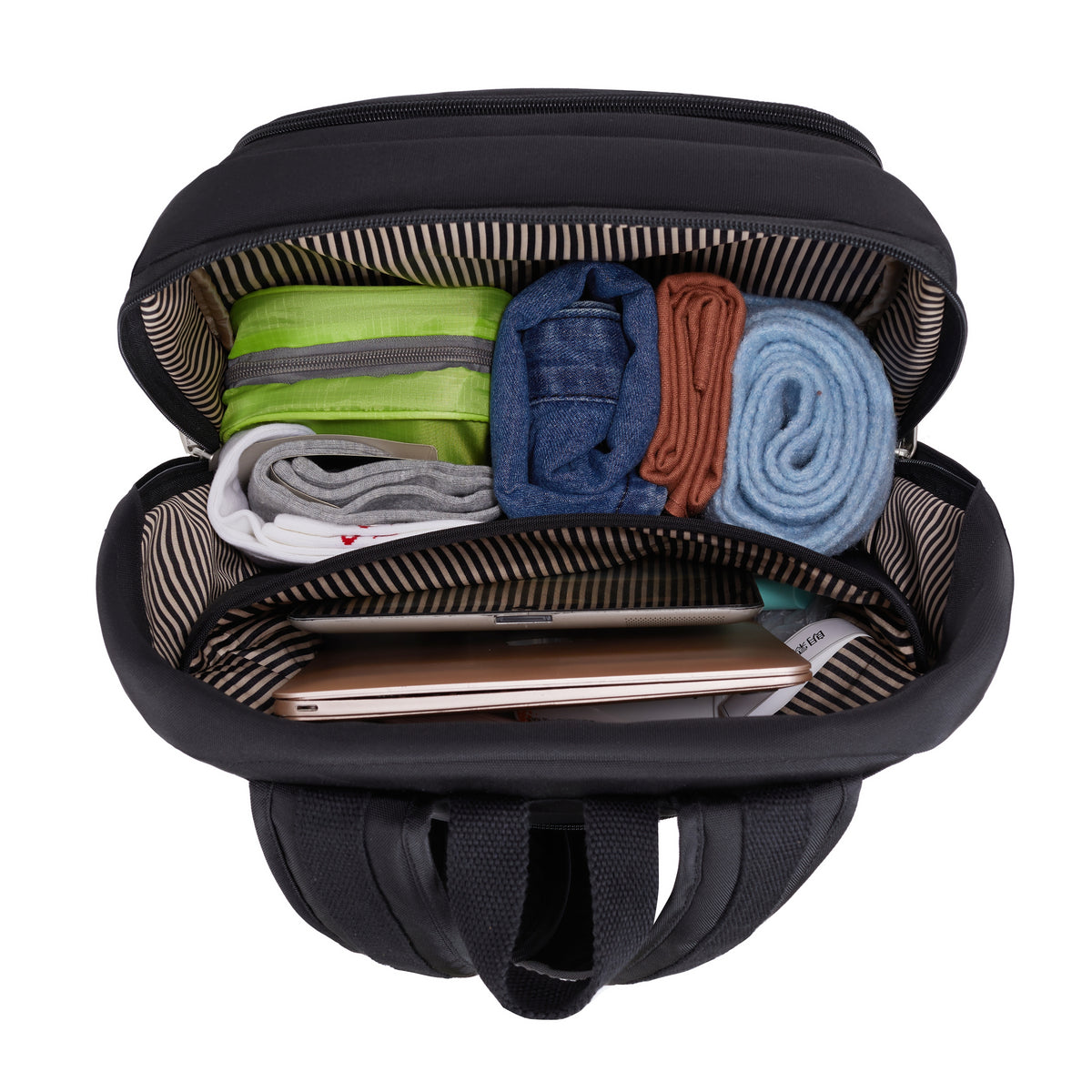 Open Travelon Anti-theft Heritage Backpack with clothes, jeans, towel & laptop neatly packed inside.