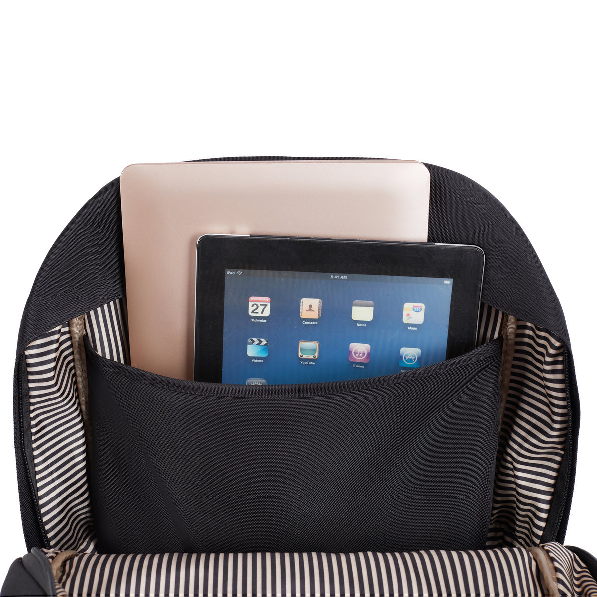 The Travelon Anti-theft Heritage Backpack stores your laptop and tablet securely in an RFID-blocking compartment.