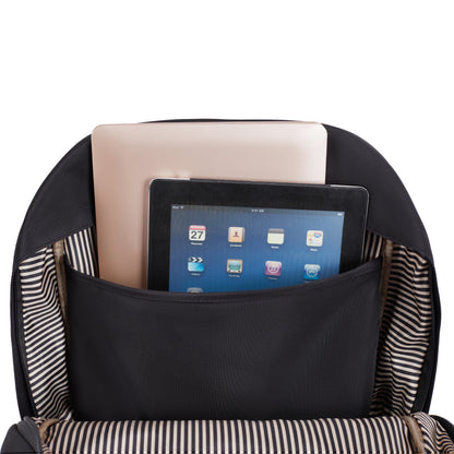 The Travelon Anti-theft Heritage Backpack stores your laptop and tablet securely in an RFID-blocking compartment.