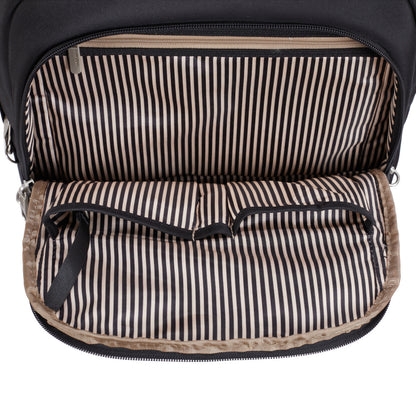 Open bag reveals striped lining, zip pocket, and RFID protection on the Travelon Anti-theft Heritage Backpack.