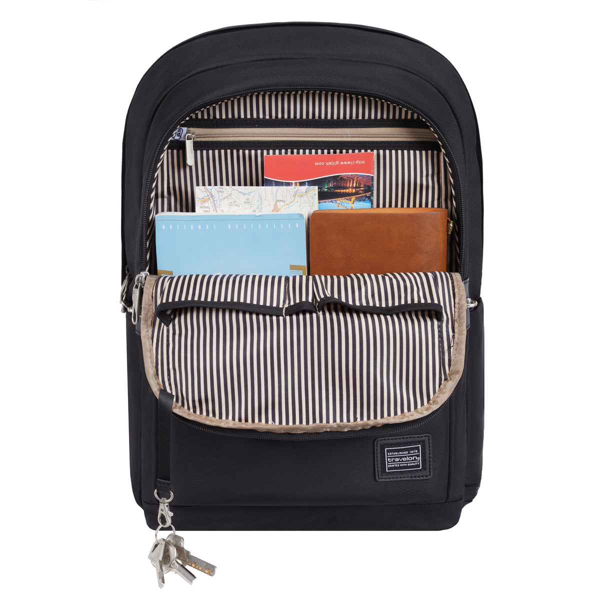 Travelon Anti-theft Heritage Backpack in black, with striped lining and RFID blocking to secure travel essentials.