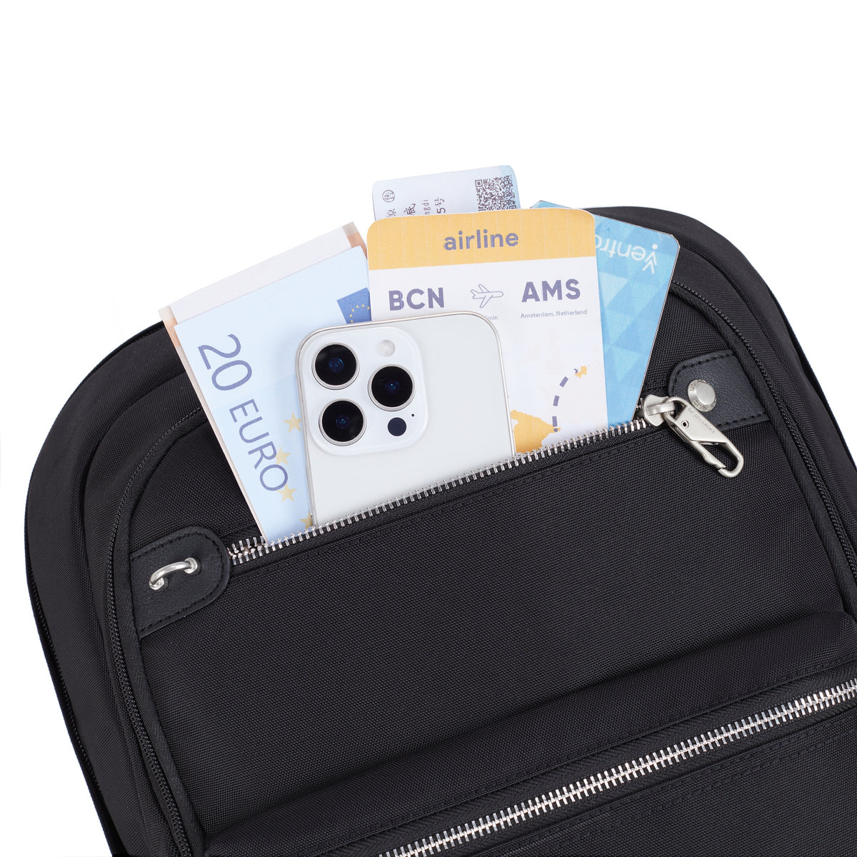 Travelon Anti-theft Heritage Backpack’s front pocket fits your phone, euros, and boarding pass for easy travel.