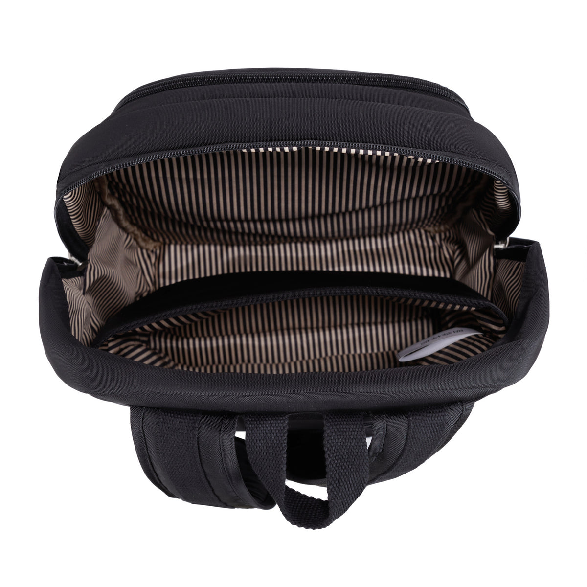 Travelon Anti-theft Heritage Backpack shows striped lining, inner pocket & RFID blocking on white background.