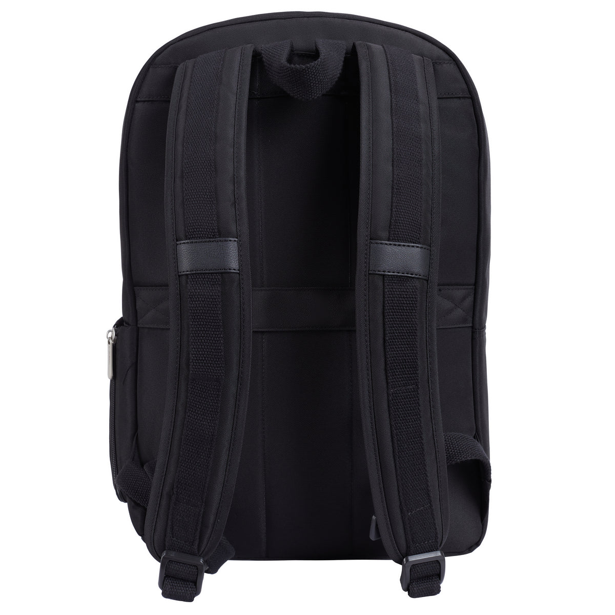 Travelon Anti-theft Heritage Backpack in black shown from back with padded straps, top handle, and RFID blocking.