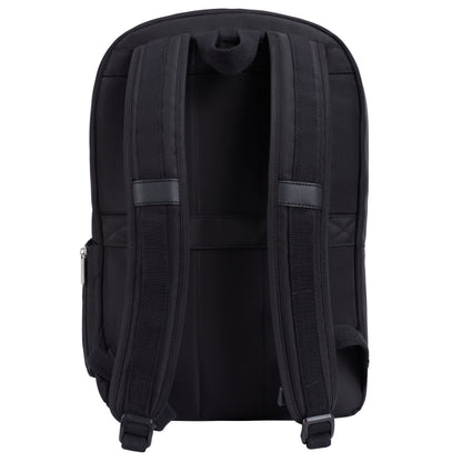 Travelon Anti-theft Heritage Backpack in black shown from back with padded straps, top handle, and RFID blocking.