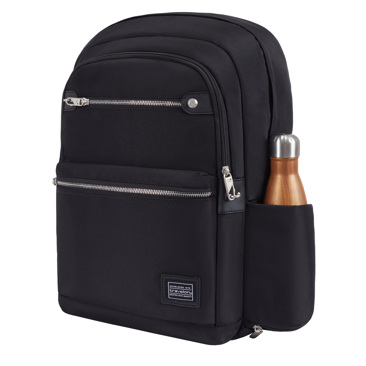 Travelon Anti-theft Heritage Backpack with RFID blocking, zip pockets, and a side wooden bottle pocket.