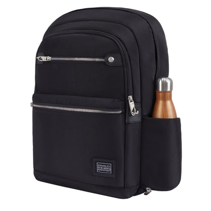 Travelon Anti-theft Heritage Backpack with RFID blocking, zip pockets, and a side wooden bottle pocket.