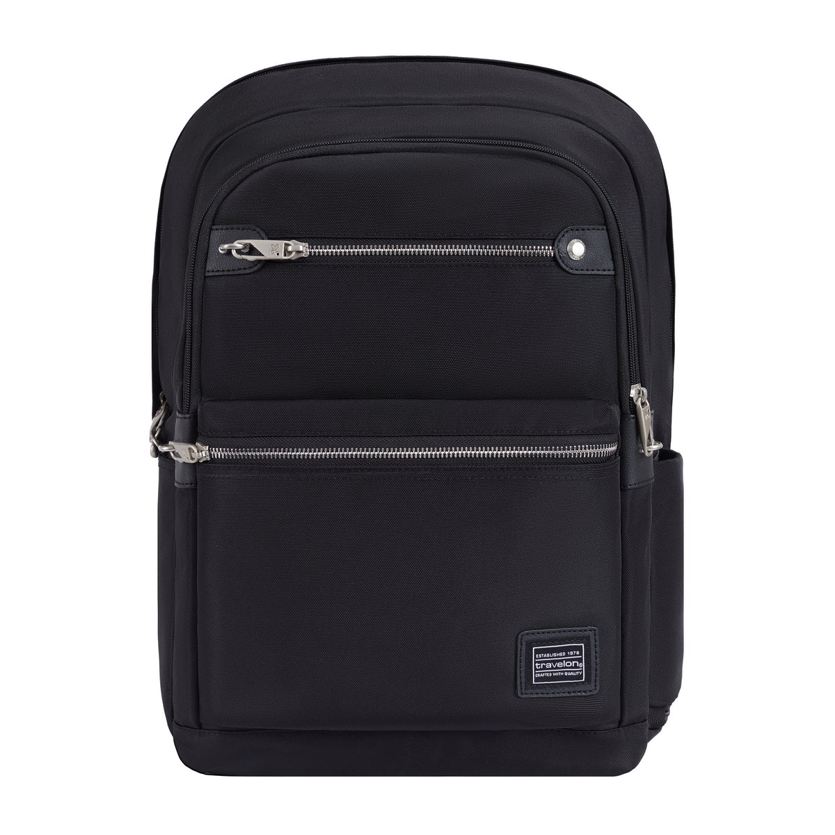 Black Travelon Anti-theft Heritage Backpack with RFID blocking, zip pockets & top handle on white background.
