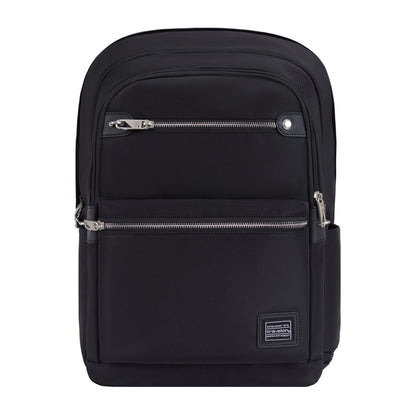 Black Travelon Anti-theft Heritage Backpack with RFID blocking, zip pockets & top handle on white background.