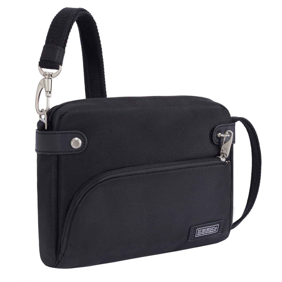Travelon Anti-theft Heritage Crossbody: secure black bag, zip pocket, adjustable strap, small logo detail.