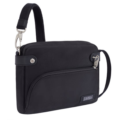 Travelon Anti-theft Heritage Crossbody: secure black bag, zip pocket, adjustable strap, small logo detail.