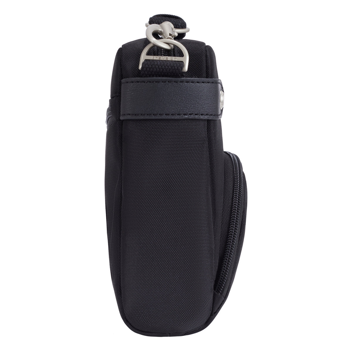 Side view of the Travelon Anti-theft Heritage Crossbody - ONLINE ONLY, black, with zipper and anti-theft features.