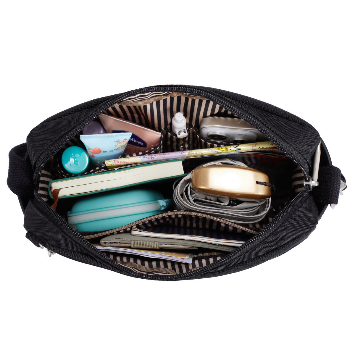 Organized tech carry in black with anti-theft security like the Travelon Anti-theft Heritage Crossbody.