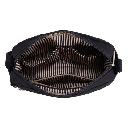 Travelon Anti-theft Heritage Crossbody opens to show striped lining, interior pockets; ONLINE ONLY.