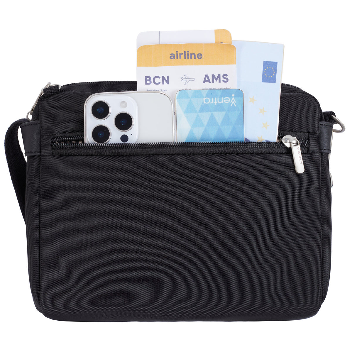 A Travelon Anti-theft Heritage Crossbody with tech gear, tickets, and passport in the secure front pocket.