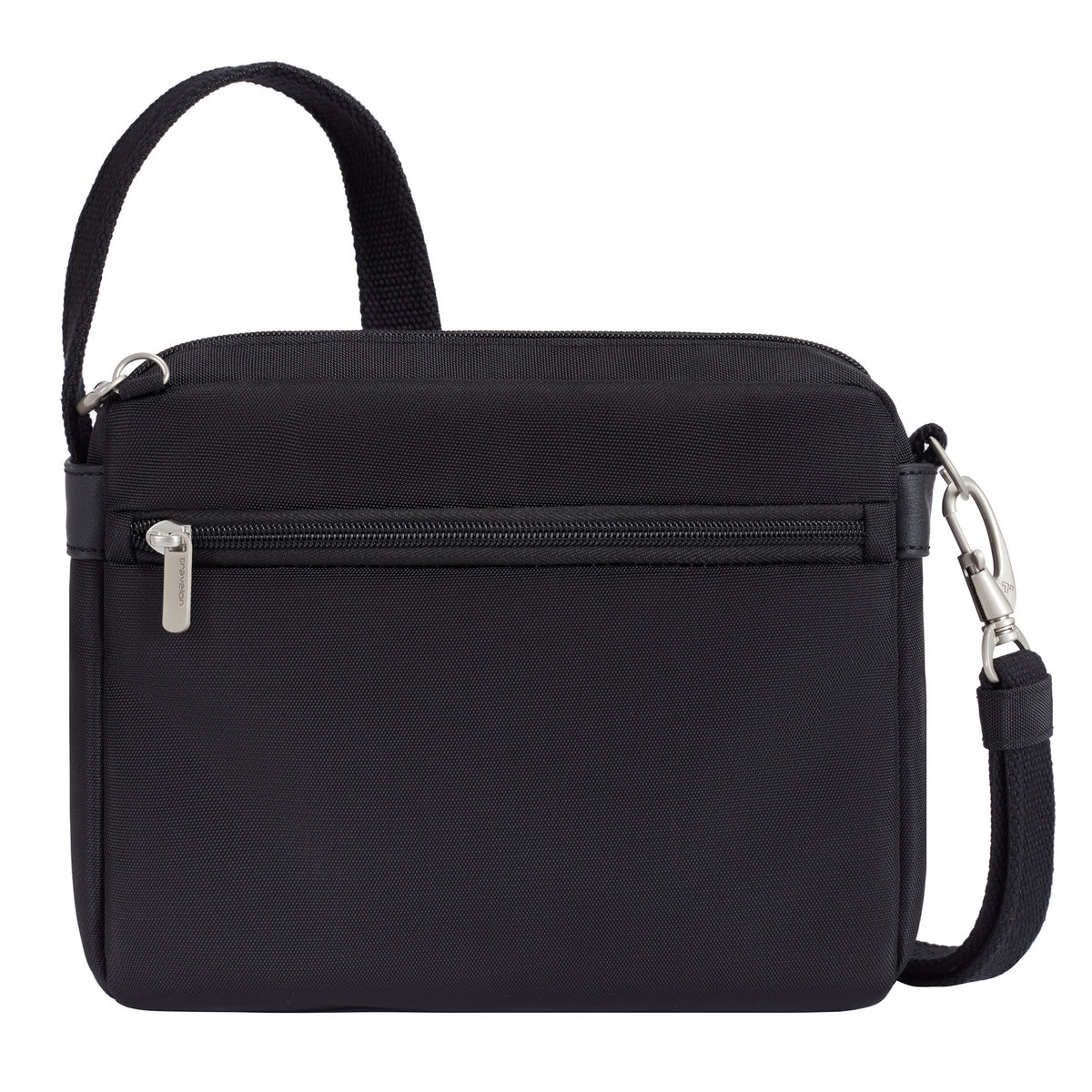 Travelon Anti-theft Heritage Crossbody: black, silver hardware, zipper pocket, adjustable strap—ONLINE ONLY.