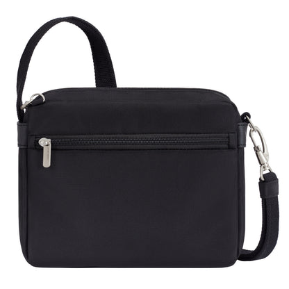 Travelon Anti-theft Heritage Crossbody: black, silver hardware, zipper pocket, adjustable strap—ONLINE ONLY.