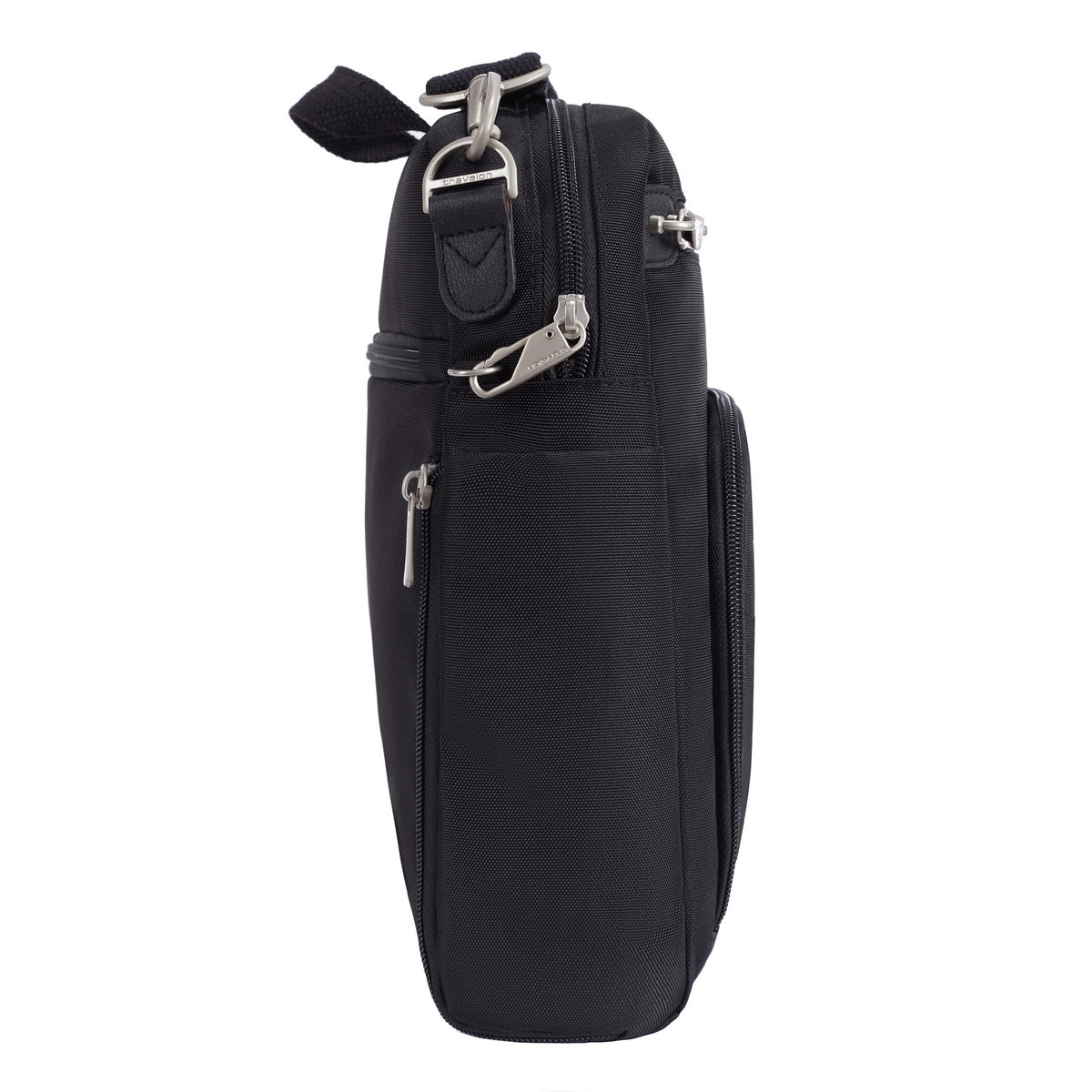 Travelon Anti-theft Heritage Tour Bag, black side view, with zippers, metal clasps, RFID block & top handle.