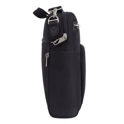 Travelon Anti-theft Heritage Tour Bag, black side view, with zippers, metal clasps, RFID block & top handle.