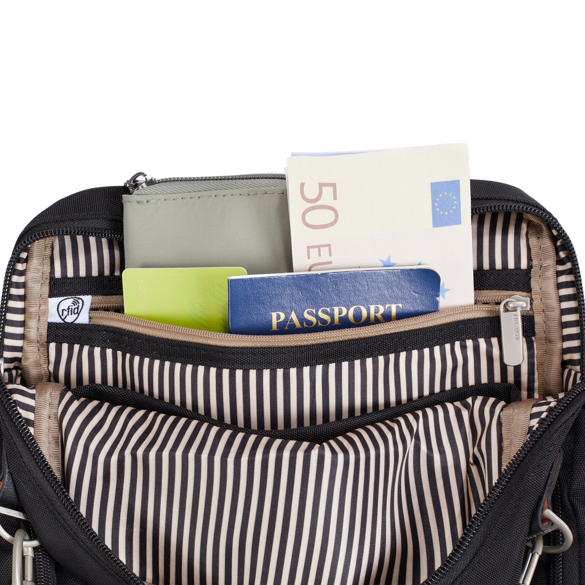 Travelon Anti-theft Heritage Tour Bag holds passport, euros & cards in striped RFID pocket.