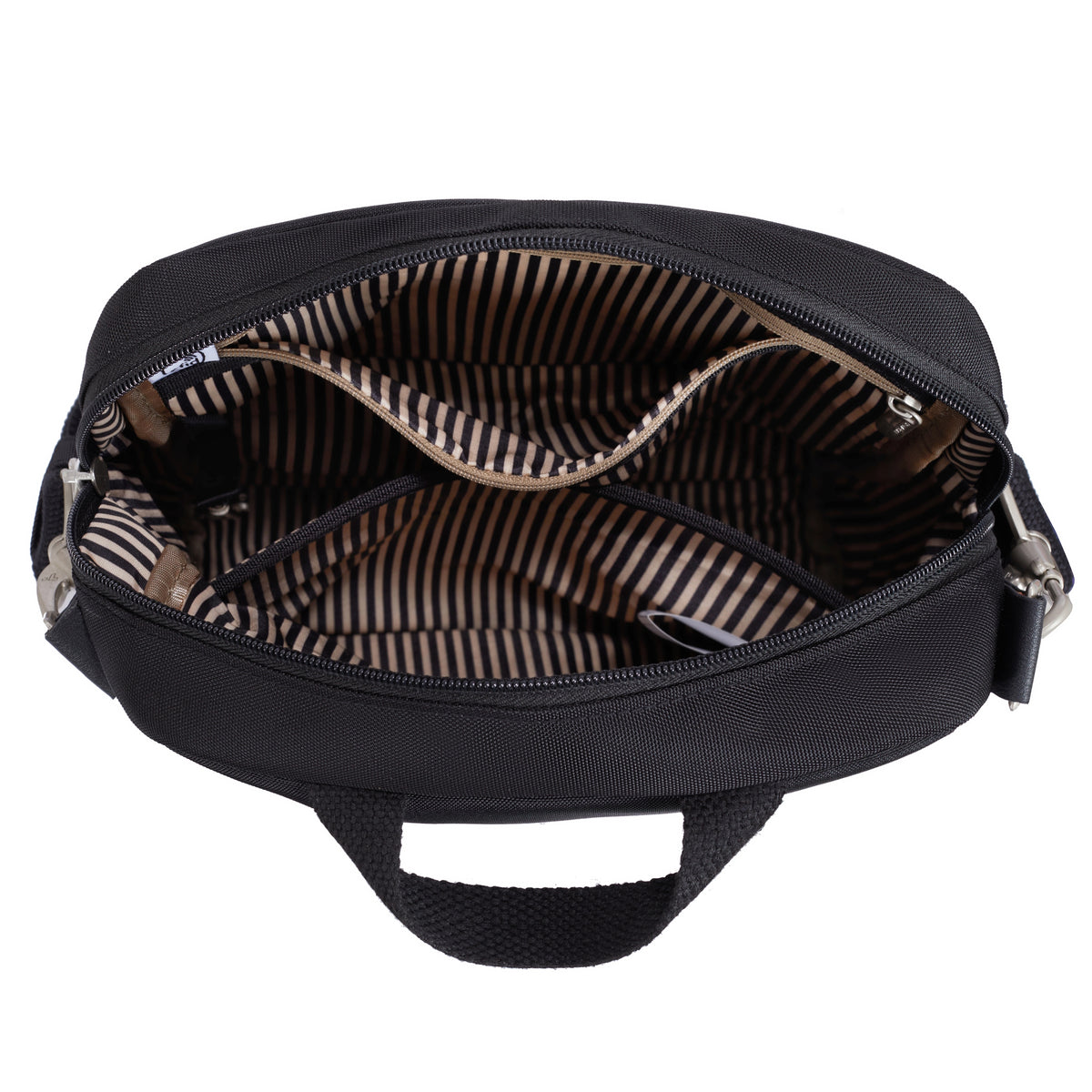 Open Travelon Anti-theft Heritage Tour Bag showing striped lining, RFID blocking, and multiple compartments.