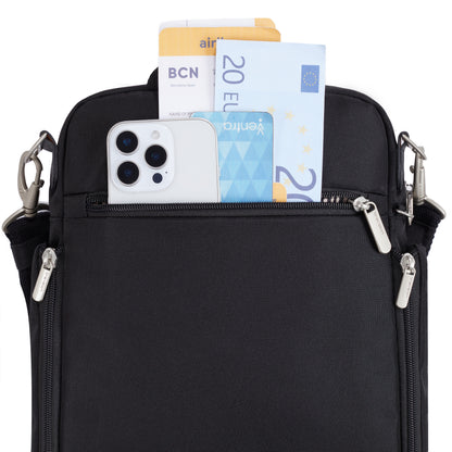 Travelon Anti-theft Heritage Tour Bag with a smartphone, Euros, and boarding pass in the outer zip pocket.