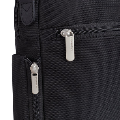 Close-up of the Travelon Anti-theft Heritage Tour Bag with silver zippers and Travelon logo on the pulls.