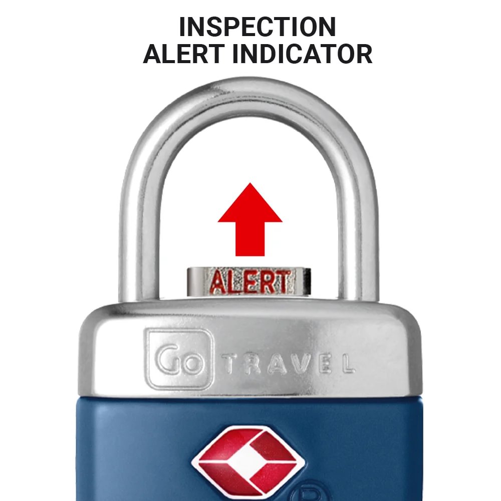 The Go Travel TSA Alert Key Padlock shows "ALERT" in red below an arrow when inspected by TSA.