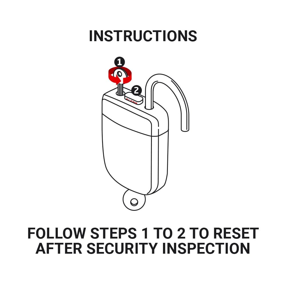 Diagram of steps 1 & 2 to reset the Go Travel TSA Alert Key Padlock, with instructions above and below.