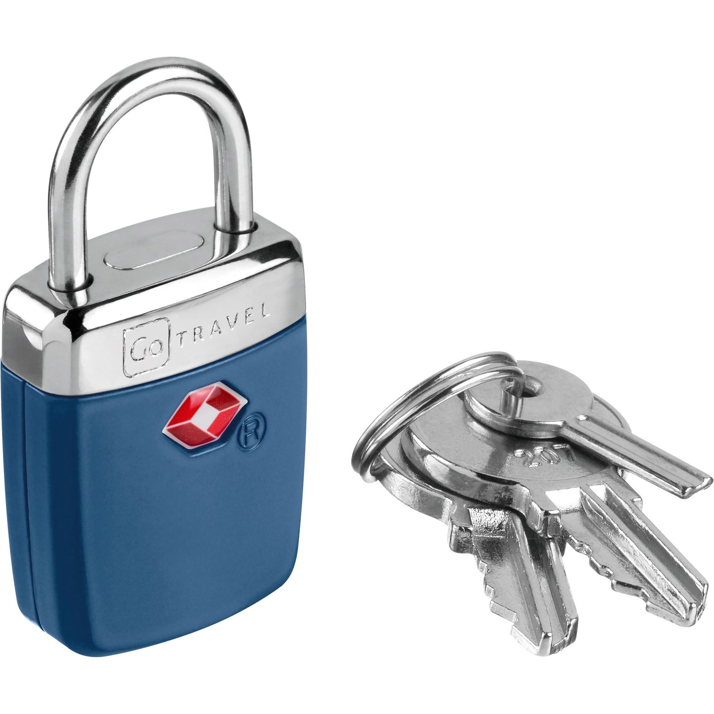 The Go Travel TSA Alert Key Padlock in blue includes two silver keys—ideal for secure travel to America.