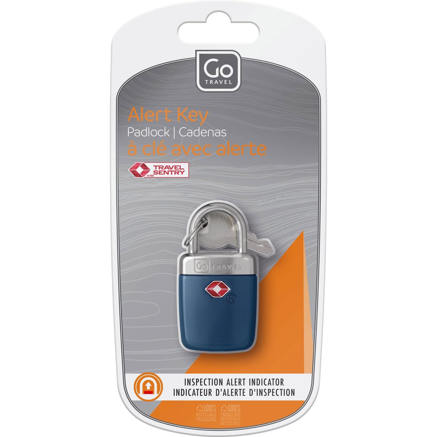 Go Travel TSA Alert Key Padlock in retail packaging, features an inspection alert indicator.