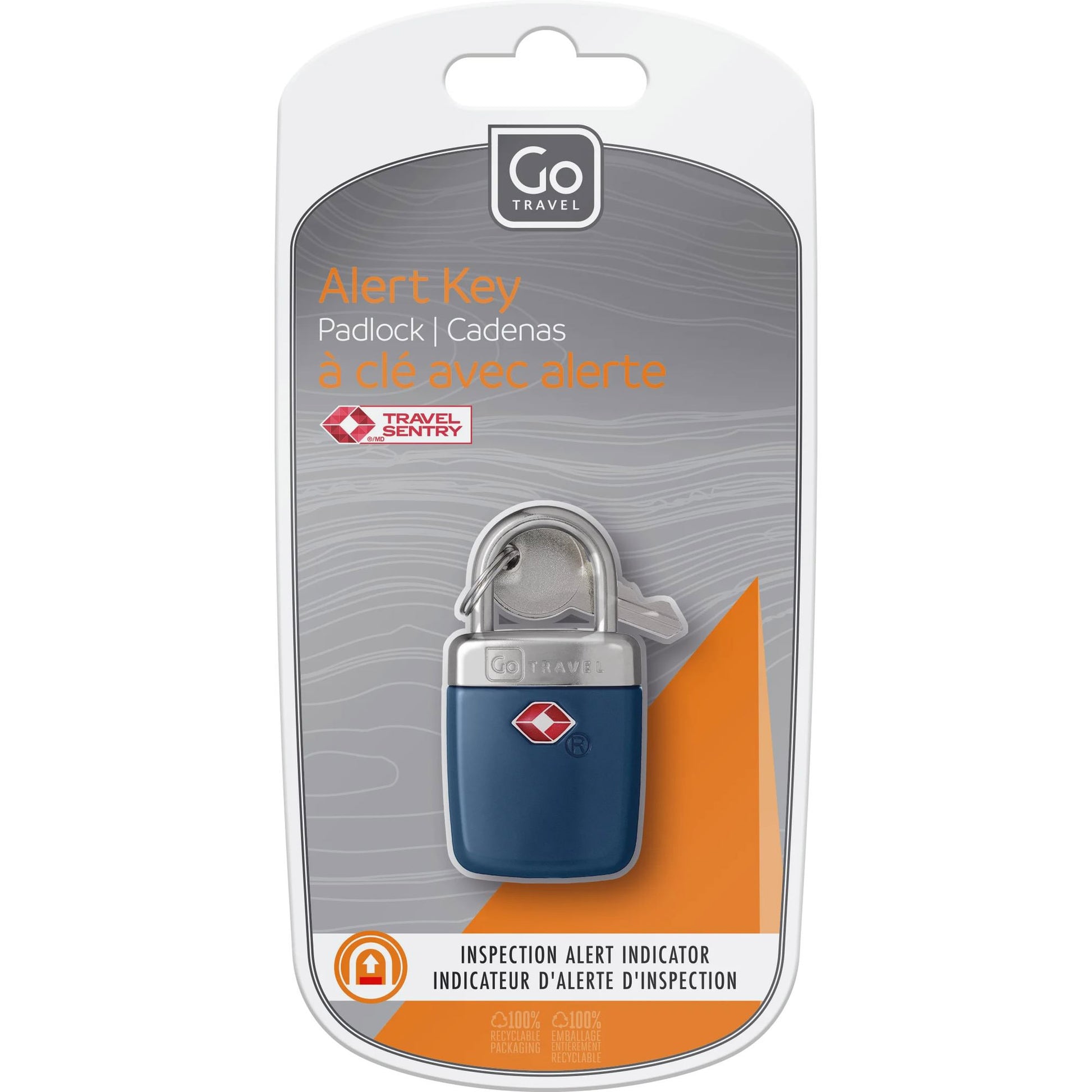 Go Travel TSA Alert Key Padlock in retail packaging, features an inspection alert indicator.