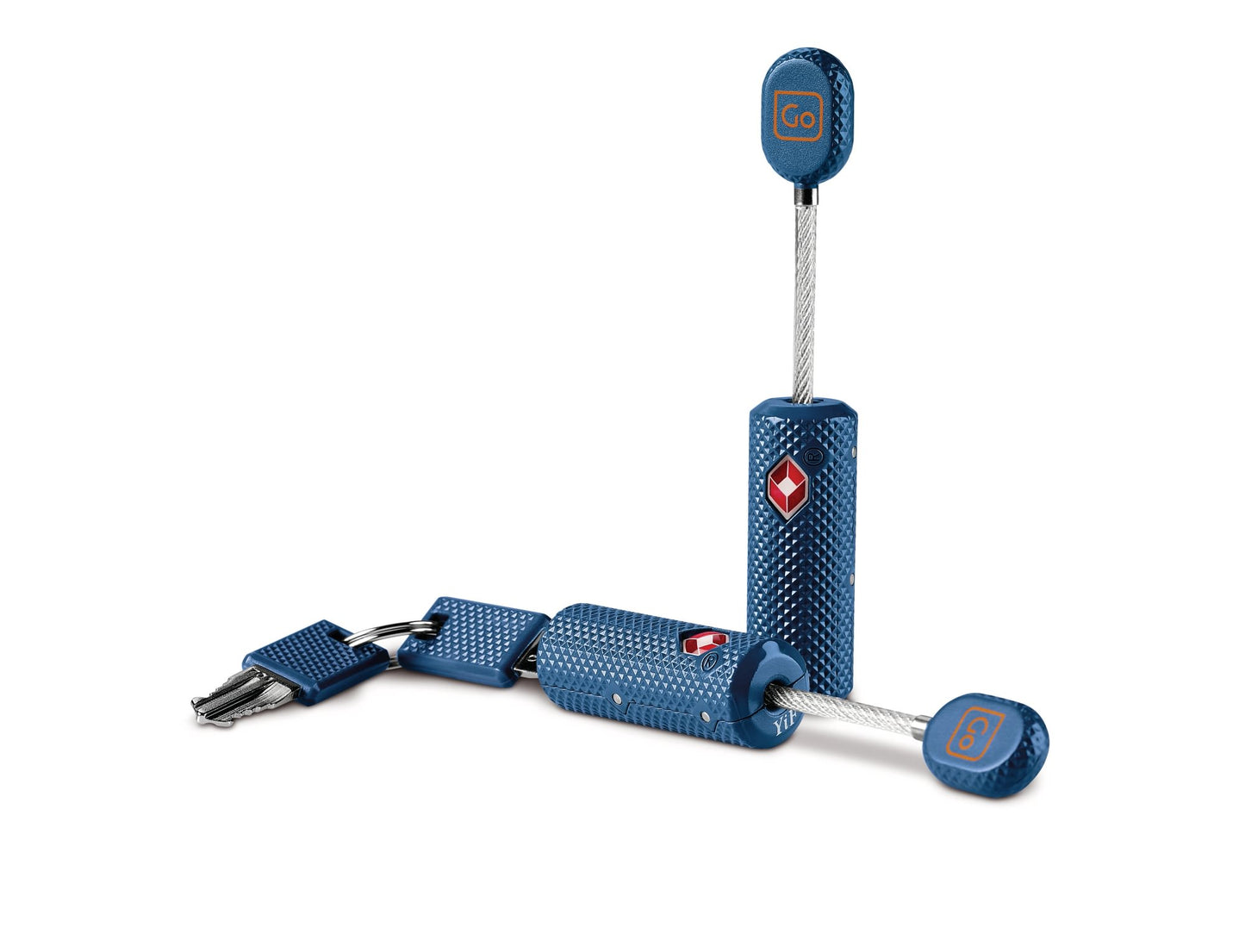 Go Travel Cable Key Twin Padlocks TSA: two blue padlocks, keyed, Travel Sentry approved by Go Travel.