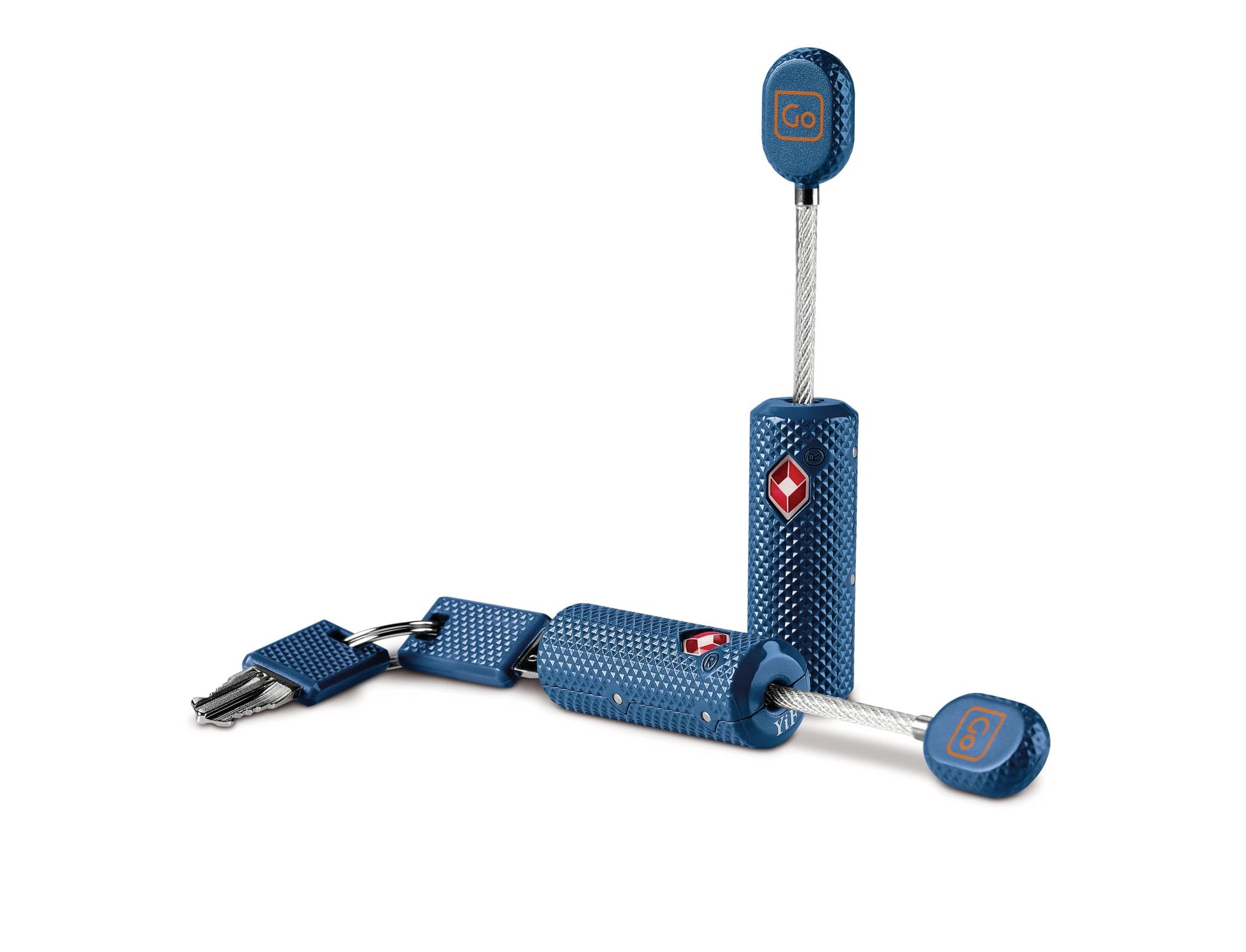 Go Travel Cable Key Twin Padlocks TSA: two blue padlocks, keyed, Travel Sentry approved by Go Travel.