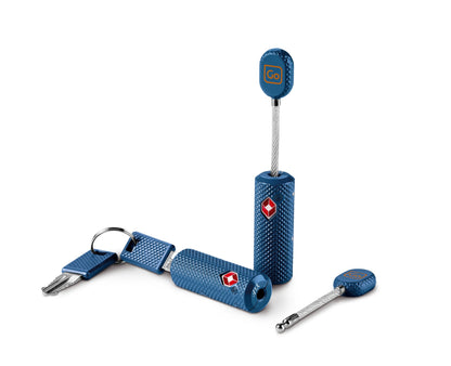 Three blue Go Travel Cable Key Twin Padlocks TSA, with keys and cables for secure, Travel Sentry-approved luggage.