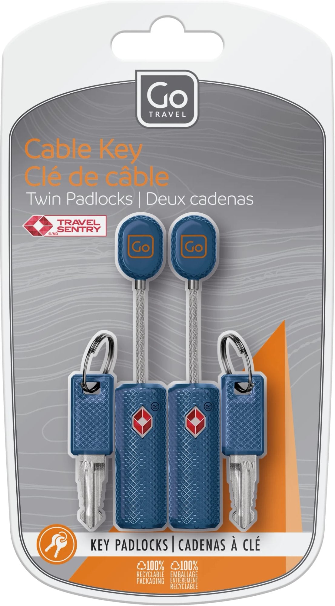 Go Travel Cable Key Twin Padlocks TSA, secure luggage with keys, shown in plastic packaging.