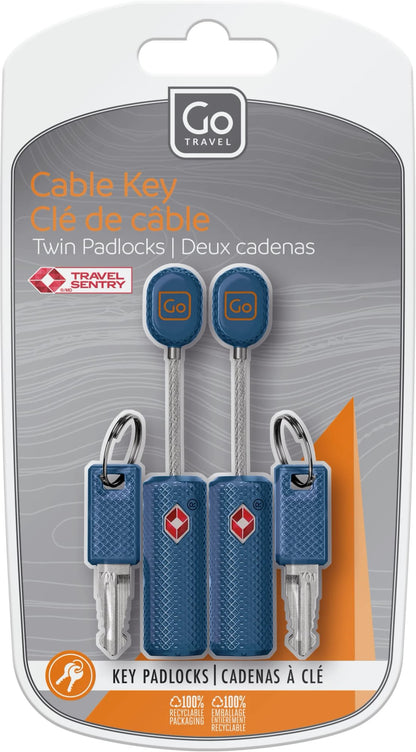 Go Travel Cable Key Twin Padlocks TSA, secure luggage with keys, shown in plastic packaging.