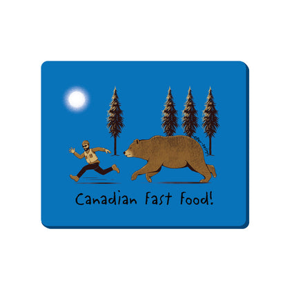 GGS Canadian Magnet - Canadian Fast Food: Blue with man chased by bear, "Canadian Fast Food!" illustration.